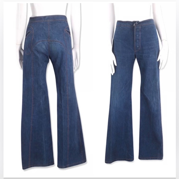 RARE VTG 70s WILD MUSTANG England Bell Bottom Jeans High Waist Saddle Stitch
